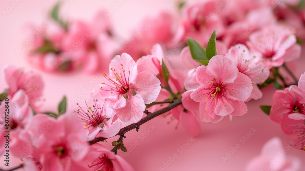 Photo of pink peach blossoms on a pink background, in a flat lay style On the right side there is free space for text or design The left part has cherry blossom flowers