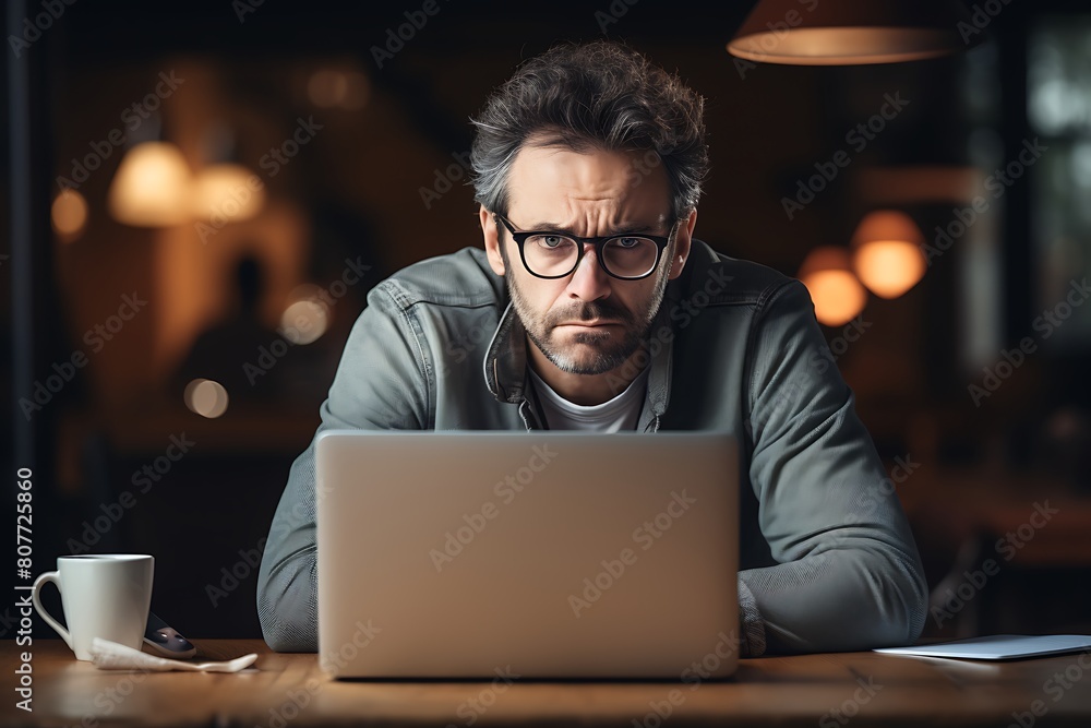 Portrait of a pensive businessman using laptop while sitting in cafe Portrait of a pensive businessman using laptop while sitting in cafe