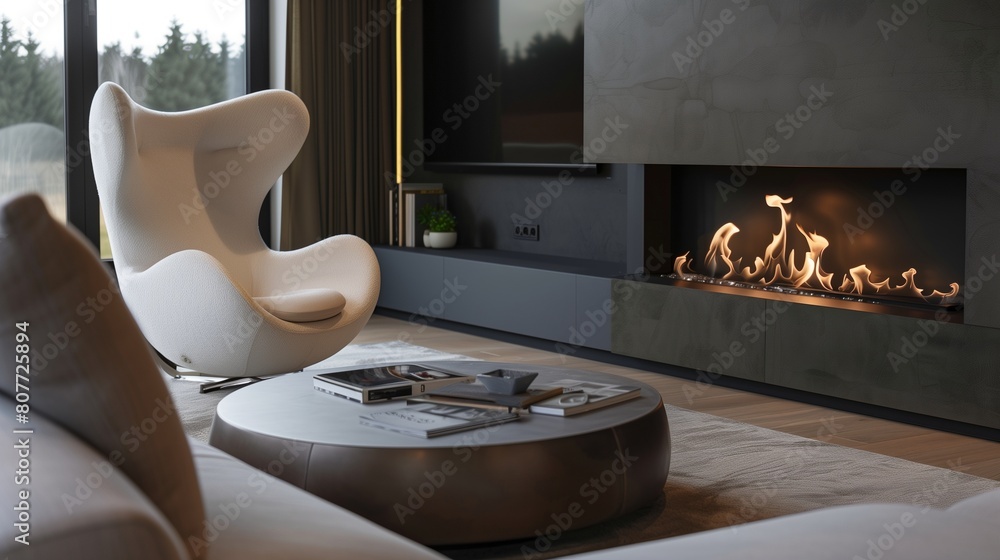 A TV lounge with an ultra-modern ethanol fireplace, a sculptural armchair, and a smart coffee table