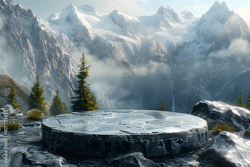 Empty stylish dark menly stone podium 3D mockup background, beauty product presentation concept. Copy space platform surrounded by rocks mountains fog fire . Cosmetics, perfume sales advertising stand