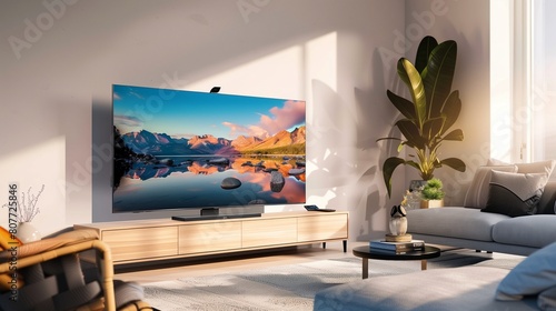 A TV lounge with an ultra-slim TV mounted on a pivoting arm for optimal viewing angles photo