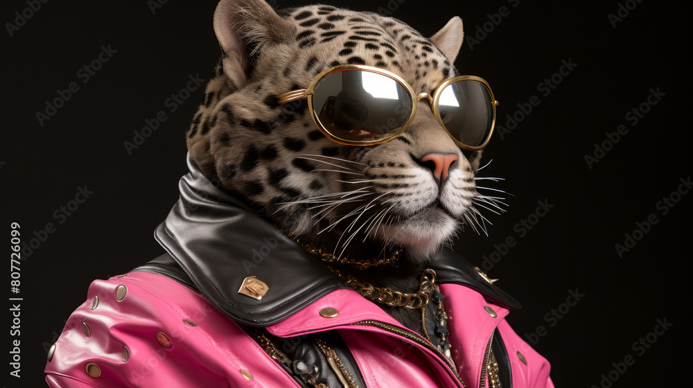 A leopard wearing sunglasses and a leather jacket