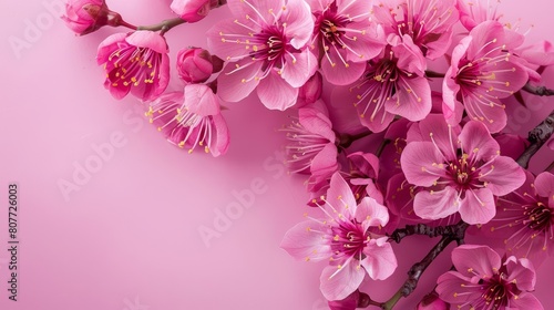 Photo of pink peach blossoms on a pink background  in a flat lay style On the right side there is free space for text or design The left part has cherry blossom flowers