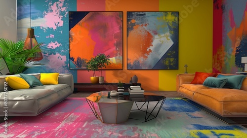 A vibrant TV lounge with abstract art, a modular sofa, and a geometric coffee table
