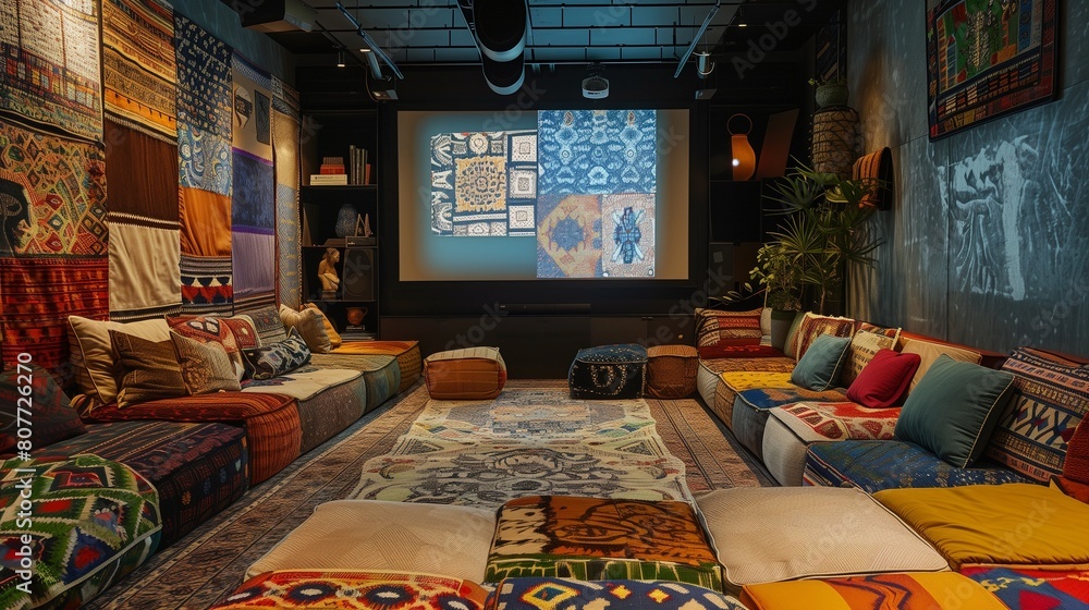 An eclectic TV lounge with a patchwork of cultural textiles and a hidden LED screen