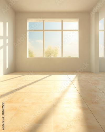 An empty room with a large window