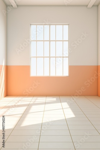 3d rendering of An empty room with a large window. The walls are painted in two colors, white and peach. The floor is tiled.