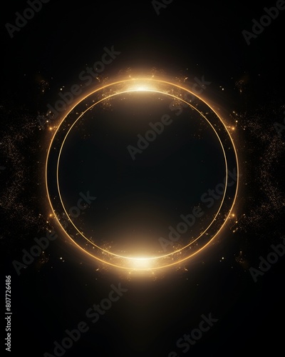 Golden circle frame with glowing light effects on a black background. photo