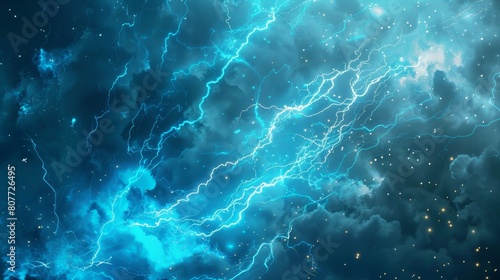 A background that has a blue lightning and smoke effect. An abstract 3D cloud border design element. Glistening thunderbolt impact overlay with fluffy texture. Translucent fog with sparkles. photo