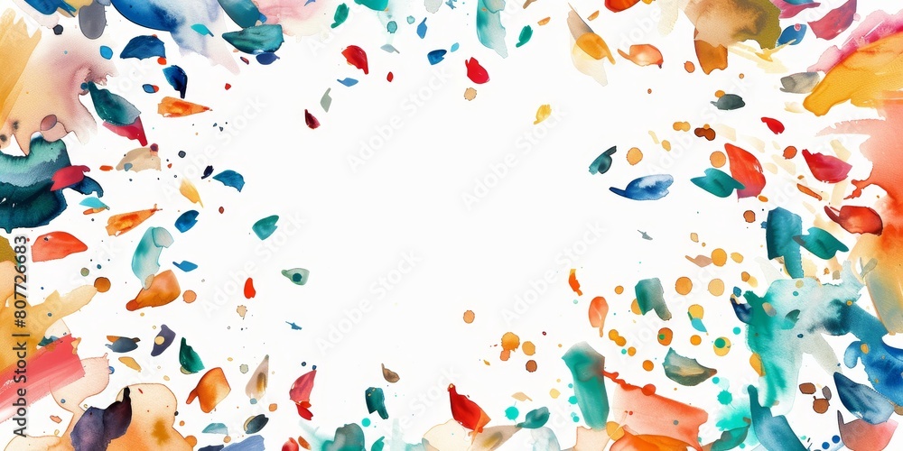 A colorful splash of paint with a white background. The colors are bright and vibrant, creating a sense of energy and excitement. The splatters of paint seem to be in motion