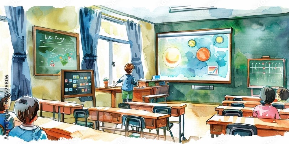 A classroom with a teacher standing in front of a projector screen. The ...