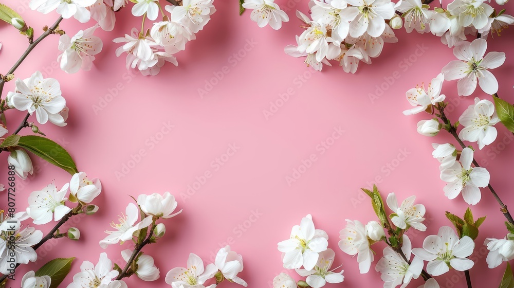 Spring blossom border on a pink background with copy space for text, in the style of a banner design