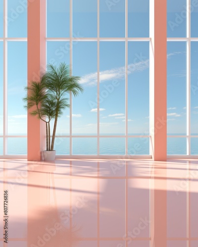 3d rendering of    The sun shines through a large window into a pink room with a potted palm tree.