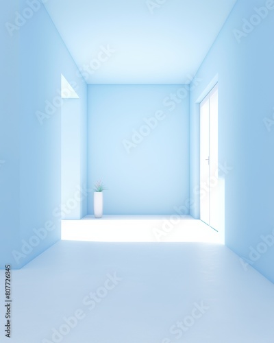 3d rendering of    The room is painted in light blue. The floor is white. There is a white vase with a flower in it. There is a door on the right.