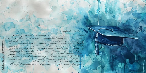 A blue and white watercolor painting of a graduation cap with a blue ribbon. The words "graduation" are written in the background © kiimoshi
