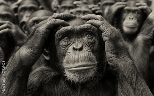 Close-knit group of chimpanzees in monochrome, AI-generated. © Wirestock