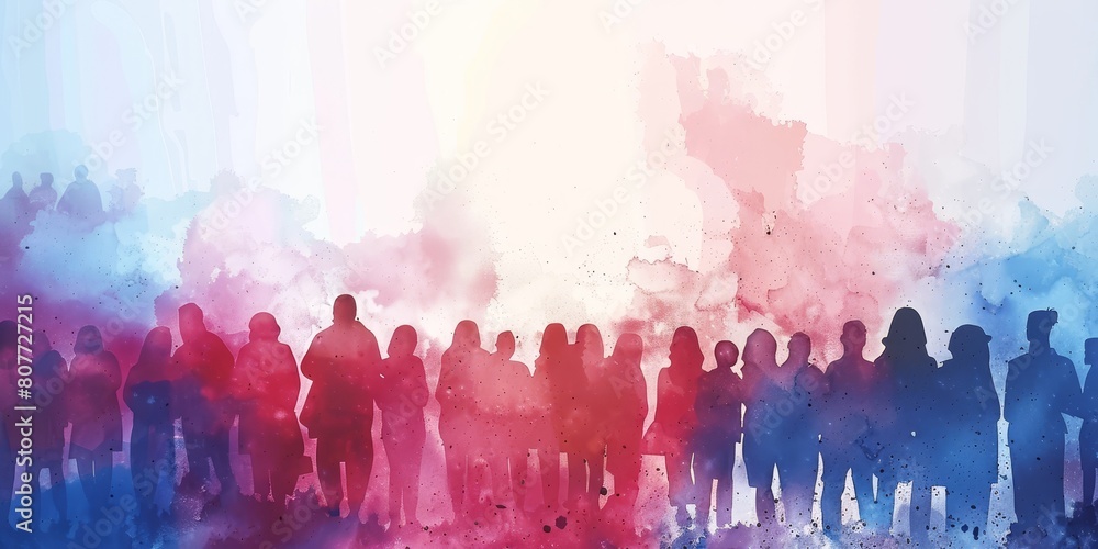 A group of people are standing in a line, with some of them wearing red and blue. The image has a sense of unity and togetherness, as the people are all gathered in the same place A group of people are standing in a line, with some of them wearing red and blue. The image has a sense of unity and togetherness, as the people are all gathered in the same place