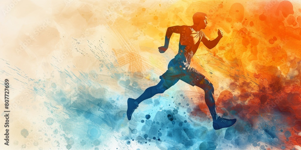 A man running in a colorful background with splatters of paint. Concept of energy and movement, as well as a feeling of freedom and expression. The use of bright colors