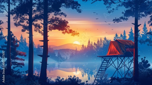 A forest camp tent on stilts at sunrise in summer. Outdoor lifestyle camping in the wild. Illustration of a morning sunlight journey in a landscape. photo