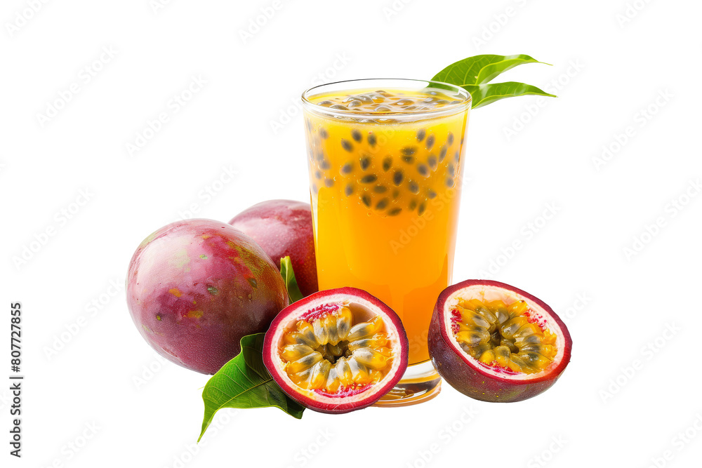 Fresh Passion Fruit Juice and Halved Fruits on transparent background Fresh Passion Fruit Juice and Halved Fruits on transparent background