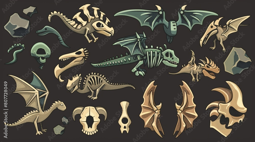 Modern illustration of a dinosaur skeleton icon and fossil set for a history museum. Stones and bones from the ancient jurassic era. Extinct pterodactyl dinosaur icon set. Modern illustration of a dinosaur skeleton icon and fossil set for a history museum. Stones and bones from the ancient jurassic era. Extinct pterodactyl dinosaur icon set.