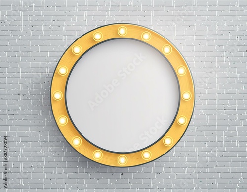 Blank round retro signage board or blank shining signboard with glowing yellow neon light bulbs isolated on white grey wall background with shadow 3D rendering