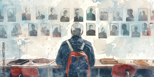 A man sits at a desk with a backpack and a picture of a man on the wall behind him
