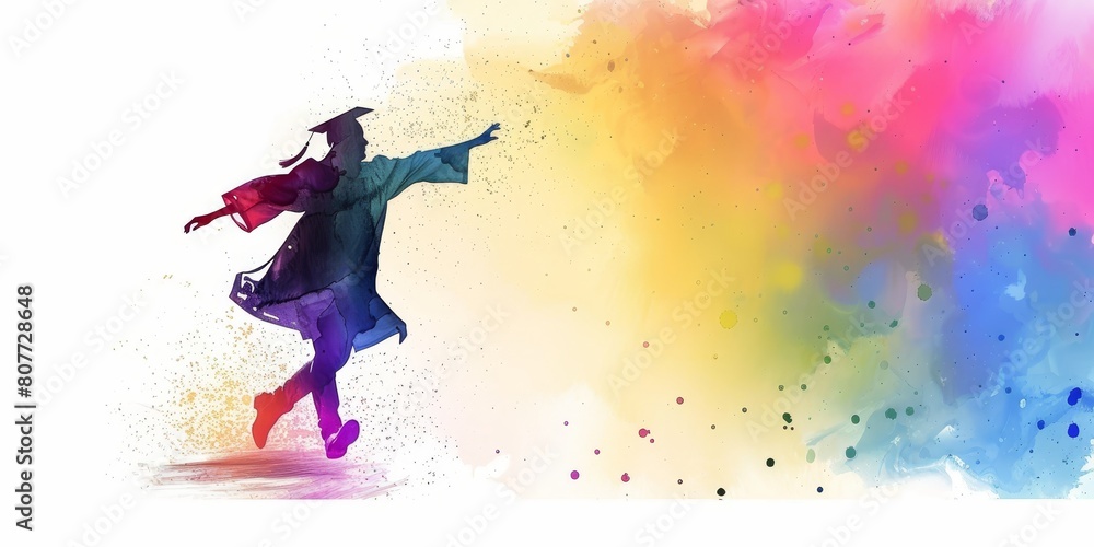 A person in a graduation gown is running through a colorful, abstract background. Concept of excitement and accomplishment as the graduate prepares to embark on their new journey
