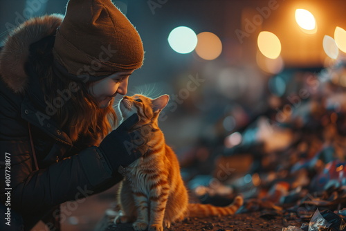 Person in a winter jacket petting a stray cat on a city street at night photo