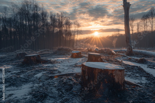 Sunrise over a deforested landscape with tree stumps and mist