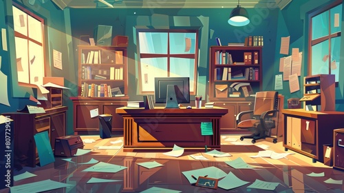 An illustration depicting the interior of a police station room with paper scattered on the floor, a computer on a wooden desk, a bookcase with files, and an evidence board framed by sunlight. photo