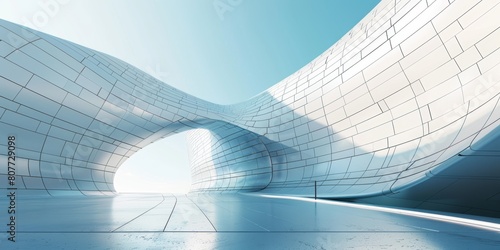 A large, curved building with a white facade and a blue sky in the background. The building is designed to look like a wave, and it is a modern, futuristic structure. Scene is one of awe photo