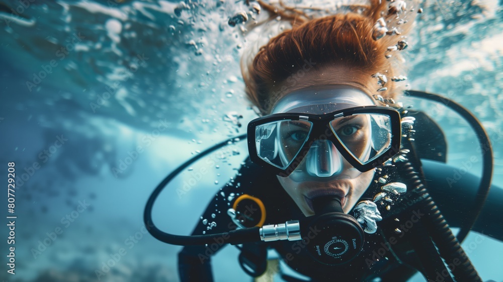 Underwater image of a female scuba diver with a vibrant red hair and diving mask. Underwater image of a female scuba diver with a vibrant red hair and diving mask.