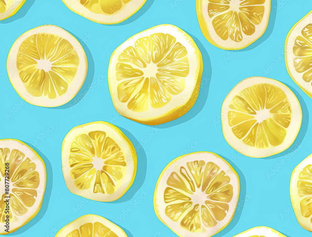 A flat vector illustration with a seamless pattern of lemon slices on a blue background. Seamless pattern of lemon slices. A flat vector illustration with a seamless pattern of lemon slices on a blue background. Seamless pattern of lemon slices.