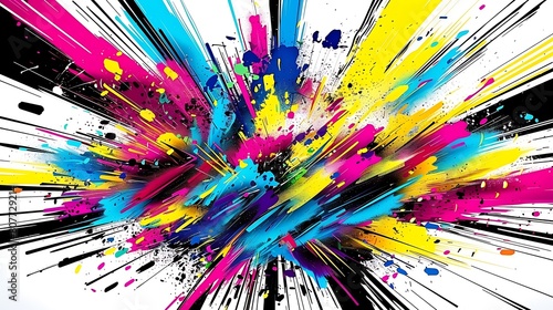  Yllow, and black toner splatters against a white background, symbolizing creativity and the printing process.