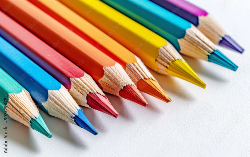 Office for school classes or art classes. Colored pencils arranged in a row on a white background in close-up.