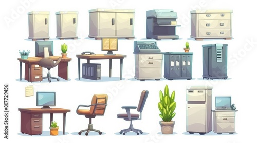 Office equipment and furniture set. Cartoon modern set of office interior elements - desk and chair, computer and printer with paper, chancellery and green plant in pot, cabinet and telephone. photo