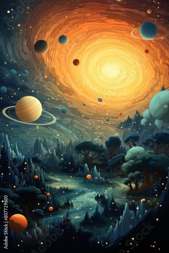 There are swirling patterns in the background that add to the mystical aura of the galaxy. The overall tone is fantastical and otherworldly, with bright colors contrasting against the dark backdrop.