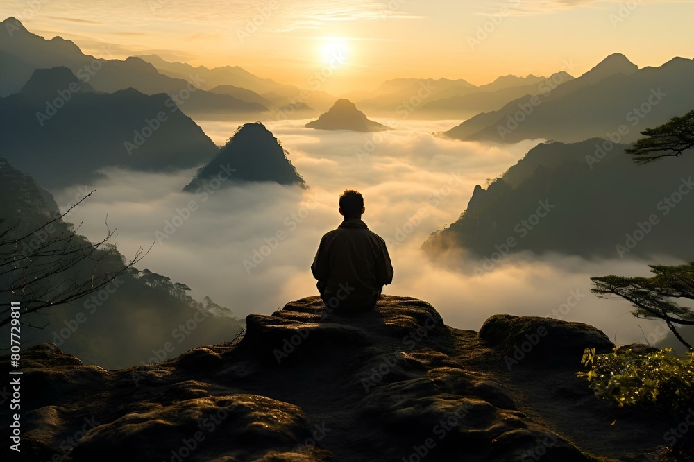 Person seated on a cliff, gazing at mountains under a cloudy sky, AI-generated.