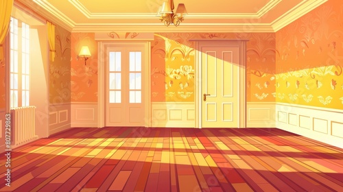 Interior design of an empty room. Modern illustration of a large room with lots of daylight coming in through the windows, a closed door, an abstract pattern on the wooden floor, a lamp on the