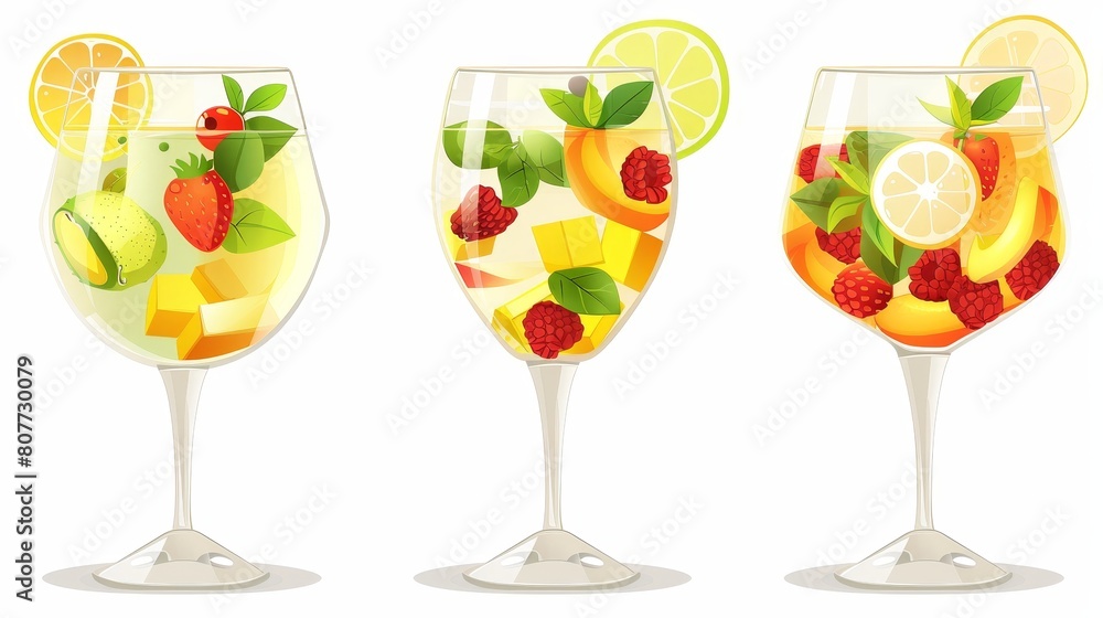 The set of fruit cocktail glasses is isolated on a white background and includes lemonade, alcohol, sweet soda drinks with pieces of lemon, mango, berries, and mint leaves, as well as party menu The set of fruit cocktail glasses is isolated on a white background and includes lemonade, alcohol, sweet soda drinks with pieces of lemon, mango, berries, and mint leaves, as well as party menu