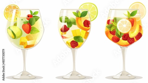 The set of fruit cocktail glasses is isolated on a white background and includes lemonade, alcohol, sweet soda drinks with pieces of lemon, mango, berries, and mint leaves, as well as party menu photo
