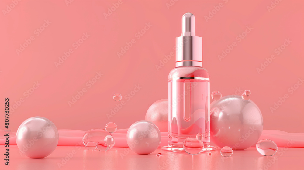 Elegant skincare serum bottle with dropper surrounded by glossy spheres on a soft pink background. Elegant skincare serum bottle with dropper surrounded by glossy spheres on a soft pink background.