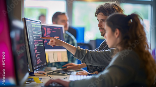 A woman points at a computer screen as a man looks on with concentration, in a collaborative coding session.