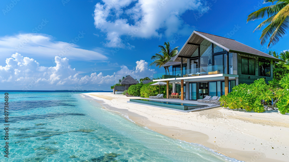 a picture of a large modern maldives beach house, shot during the day a picture of a large modern maldives beach house, shot during the day