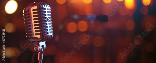Vintage microphone close-up with a warm bokeh lights background, evoking a nostalgic music scene. photo