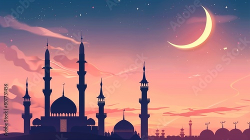A dreamy illustration of a mosque silhouette against a sunset sky with a crescent moon and stars.