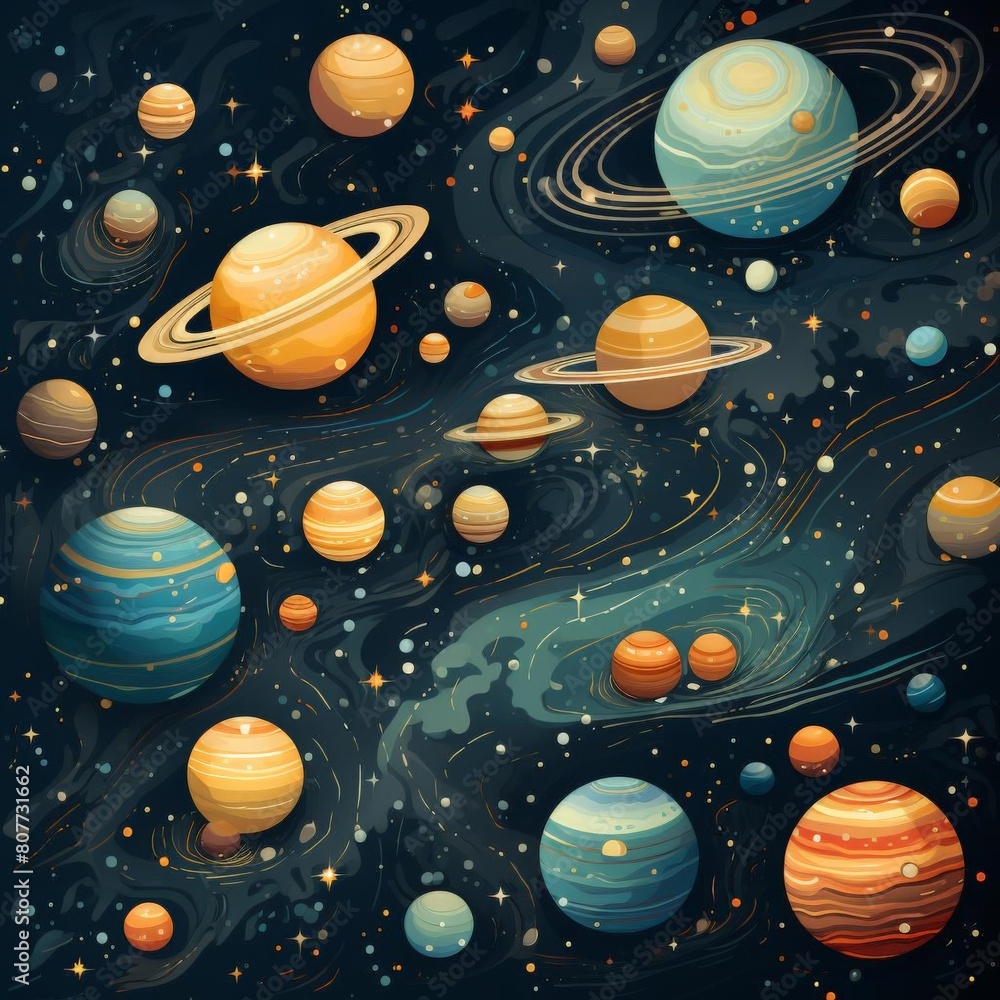 Naklejka premium There are swirling patterns in the background that add to the mystical aura of the galaxy. The overall tone is fantastical and otherworldly, with bright colors contrasting against the dark backdrop.