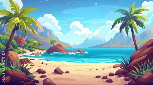 Tropical lagoon landscape with calm water  sand  stone  palm trees  rocky mountains  and cloudy blue sky. Cartoon modern empty shore scene with rocky mountains and blue sky.