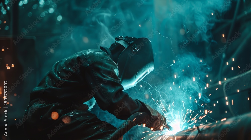 Professional welder working on medium-sized pipe with blue light in the foreground Professional welder working on medium-sized pipe with blue light in the foreground